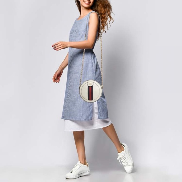 Authentic GUCCI Textured Calfskin Web Mini Ophidia Round Shoulder Bag Mystic Whi - Picture 4 of 16